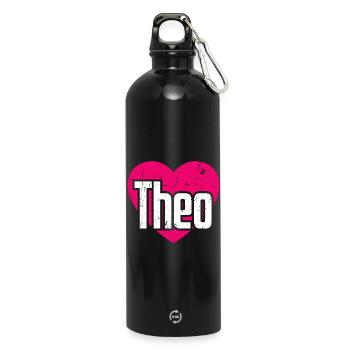 I Love Theo Pink Heart I Love Theo - Water Bottle with carabiner 750 ml - black - Front