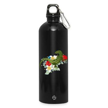 Grüne Eidechse auf Blumen botanisches Motiv - Trinkflasche mit Karabiner 750 ml - Schwarz - Vorne
