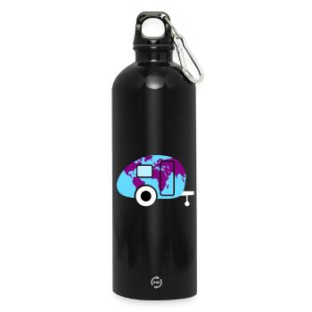 Caravan Weltkarte Wohnwagen Camping Weltenbummler - Trinkflasche mit Karabiner 750 ml - Schwarz - Vorne
