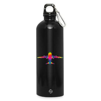 Plane in rainbow colours - Water Bottle with carabiner 750 ml - black - Front