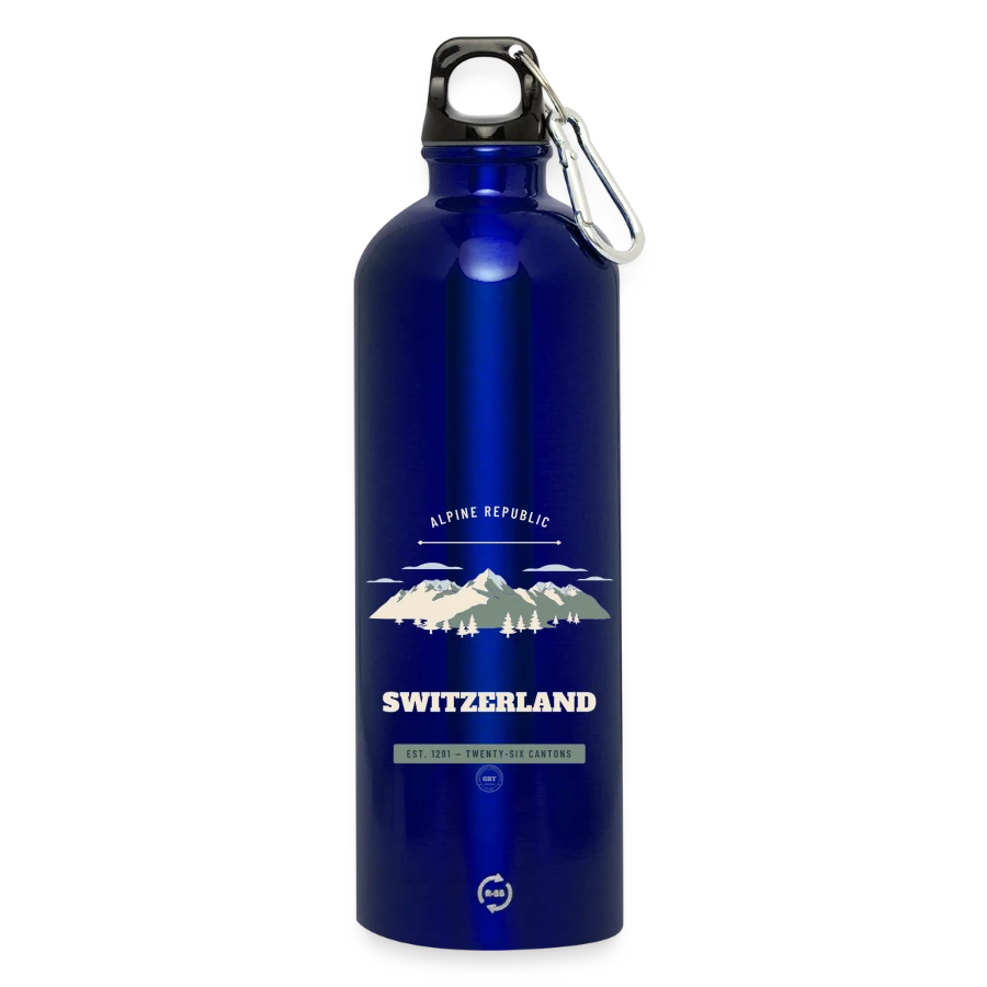 Switzerland badge on a water bottle with carabiner 750 ml, royal blue