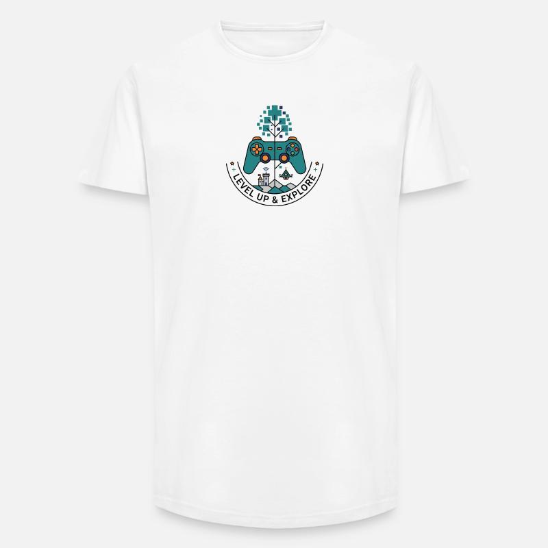 Level Up & Explore Badge - Long Fit Männer T-Shirt - Weiß