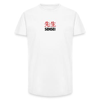 Enseignant ou maître en écriture kanji texte 'Sensei - T-shirt coupe longue homme - blanc - Devant - AI Model Male 185 light (185cm)