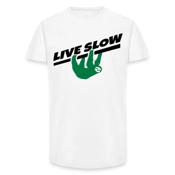 Faultier Spruch Live Slow für Entspannte - Long Fit Männer T-Shirt - Weiß - Vorne - AI Model Male 185 light (185cm)