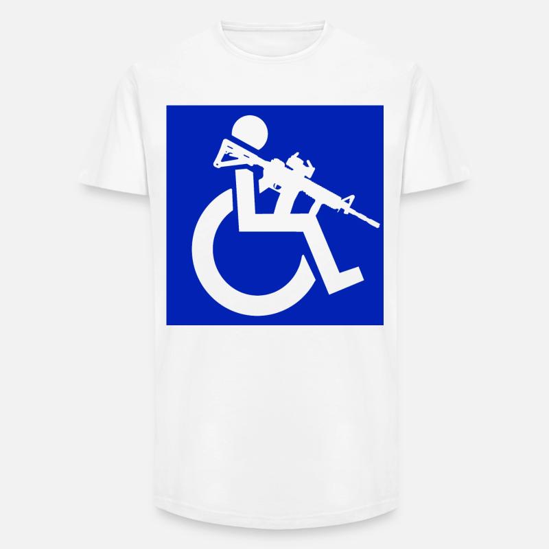 Bild eines Rollstuhlfahrers mit einem Gewehr # - Long Fit Männer T-Shirt - Weiß