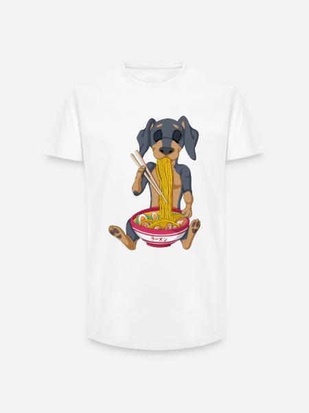 Funny Dachshund Eating Ramen Noodles Cartoon - Long Fit Men's T-Shirt - white