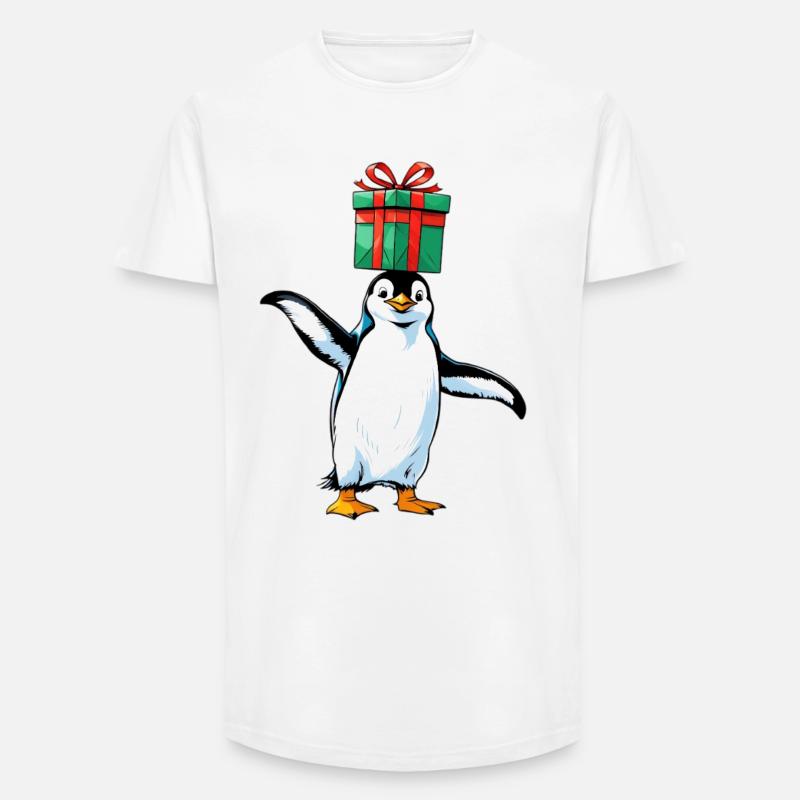 Pinguin mit Geschenk auf Kopf - Long Fit Männer T-Shirt - Weiß