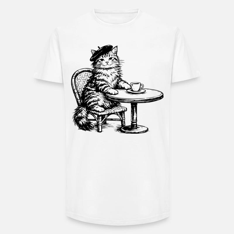 Gatto con Basco al Caffè - Design Retro Vintage - T-shirt uomo a vestibilità lunga - bianco