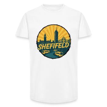 Sheffield City Skyline Vintage Tram Badge - Long Fit Men's T-Shirt - white - Front - AI Model Male 185 light (185cm)