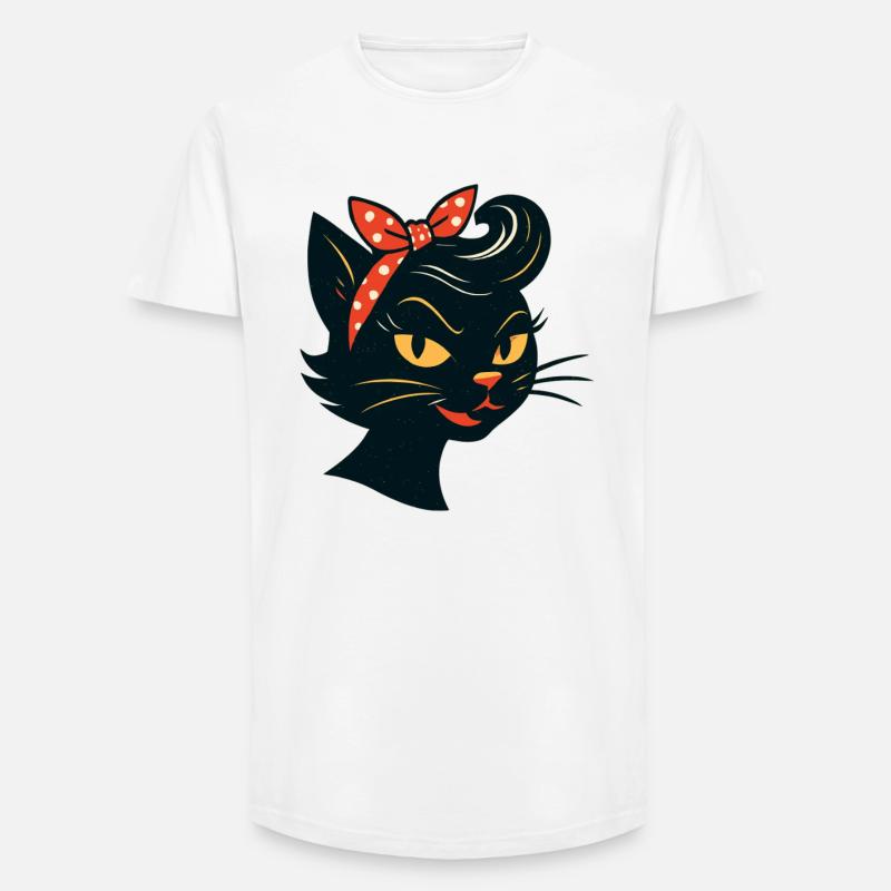 Sort kat i 50'er retro-stil - Long fit herre T-shirt - hvid