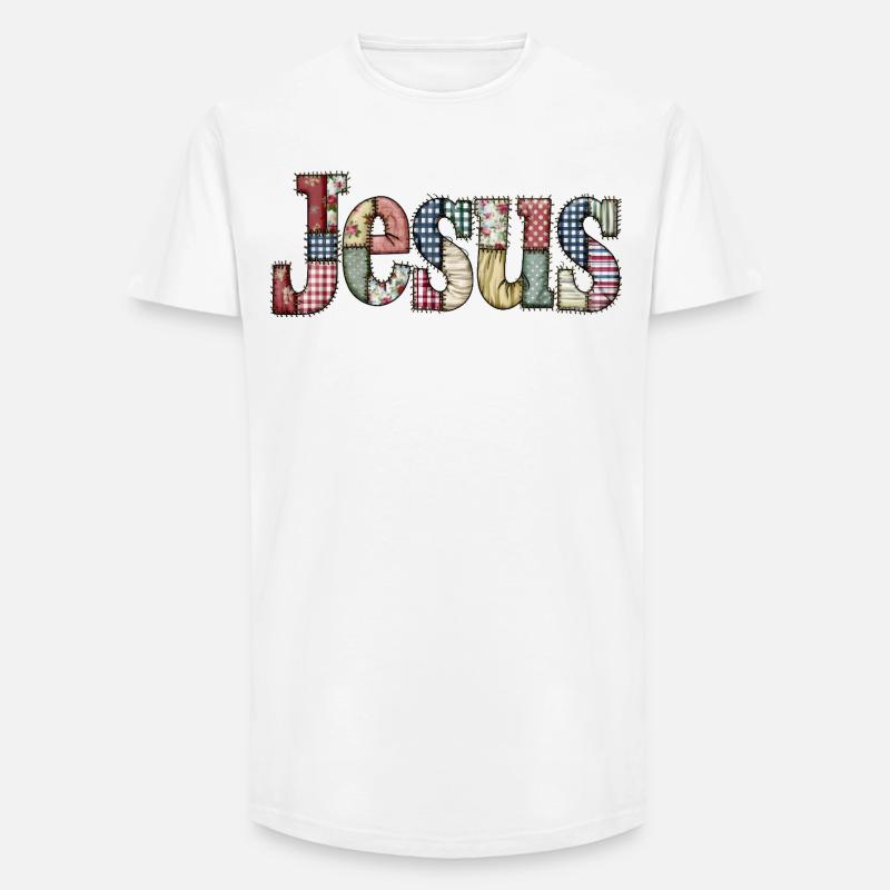 Patchwork Jesus Schriftzug - Long Fit Männer T-Shirt - Weiß