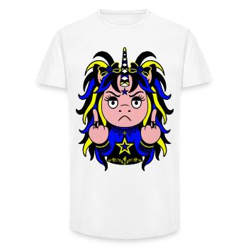 Volt-Mare: Blau-Gelbes EinZORN mit Mittelfinger - Long Fit Männer T-Shirt - Weiß - Vorne - AI Model Male 185 light (185cm)