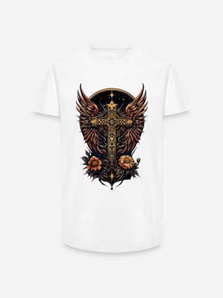 A symbol of strength: The ornate cross with wings - Long Fit Men's T-Shirt - white