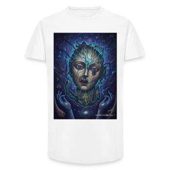 Visage Cosmique entre Racines et Étoiles - T-shirt coupe longue homme - blanc - Devant - AI Model Male 185 light (185cm)