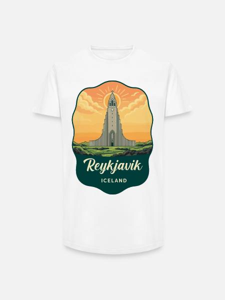 Reykjavik Iceland Retro Sunset Badge - Long Fit Men's T-Shirt - white