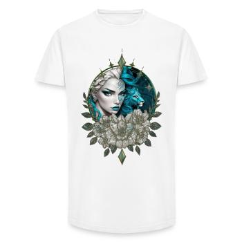 Harmony of the elements, the woman with lion. - Long Fit Men's T-Shirt - white - Front - AI Model Male 185 light (185cm)