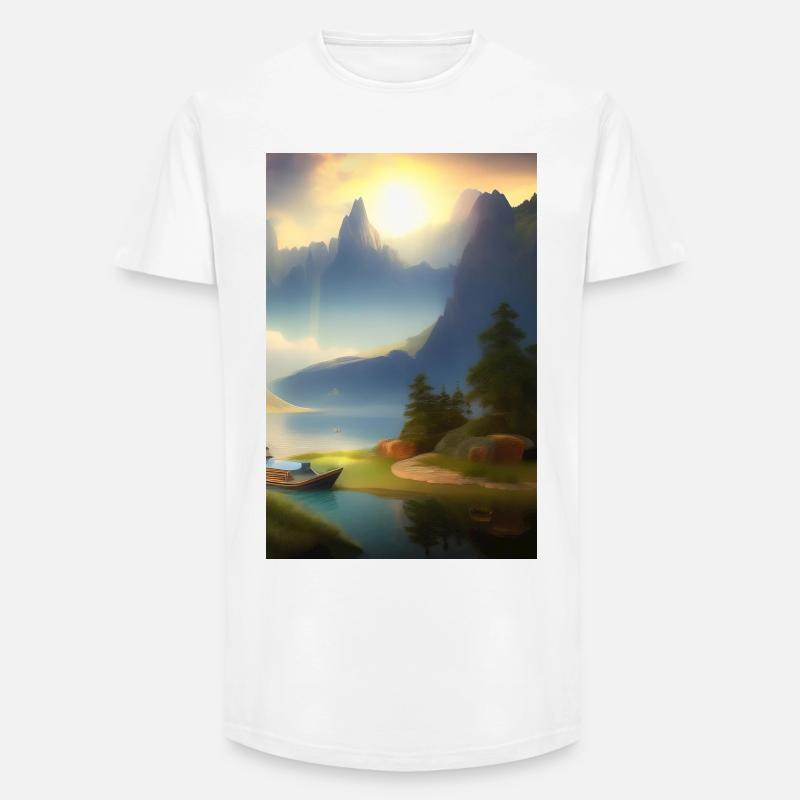 Landschaft mit See, Boot und Berge - Long Fit Männer T-Shirt - Weiß