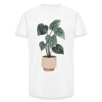 Pot de fleurs minimaliste - T-shirt coupe longue homme - blanc - Devant - AI Model Male 185 light (185cm)