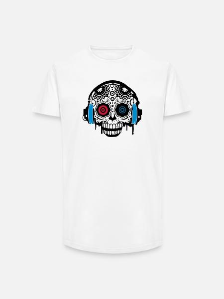 Sugar Skull mit Kopfhörer - Long Fit Männer T-Shirt - Weiß