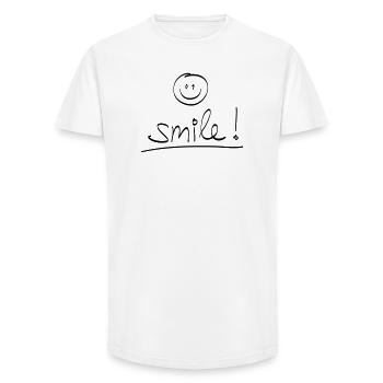 Manuscrit « SMILE ! » avec visage rieur - T-shirt coupe longue homme - blanc - Devant - AI Model Male 185 light (185cm)