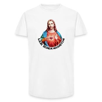 Aime ton prochain Jésus Bénédiction de la main gauche - T-shirt coupe longue homme - blanc - Devant - AI Model Male 185 light (185cm)