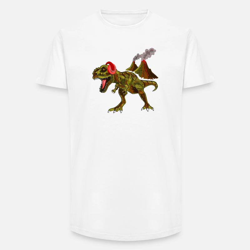 Dinosaurier mit Kopfhörern vor Vulkan - Long Fit Männer T-Shirt - Weiß