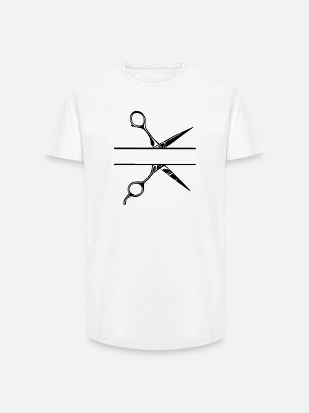 Texte bannière logo coiffeur, ciseaux - T-shirt coupe longue homme - blanc