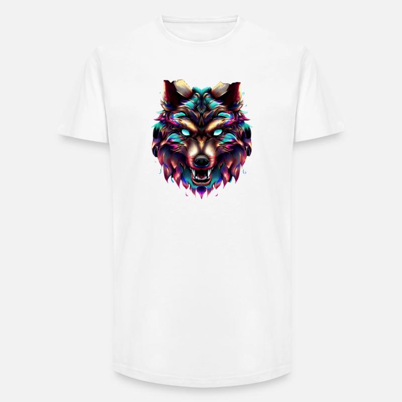Wolfskopf Synthwave Wolf - Long Fit Männer T-Shirt - Weiß