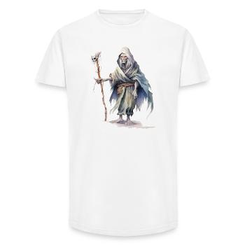 Nécromancien avec cape et bâton de crâne - T-shirt coupe longue homme - blanc - Devant - AI Model Male 185 light (185cm)