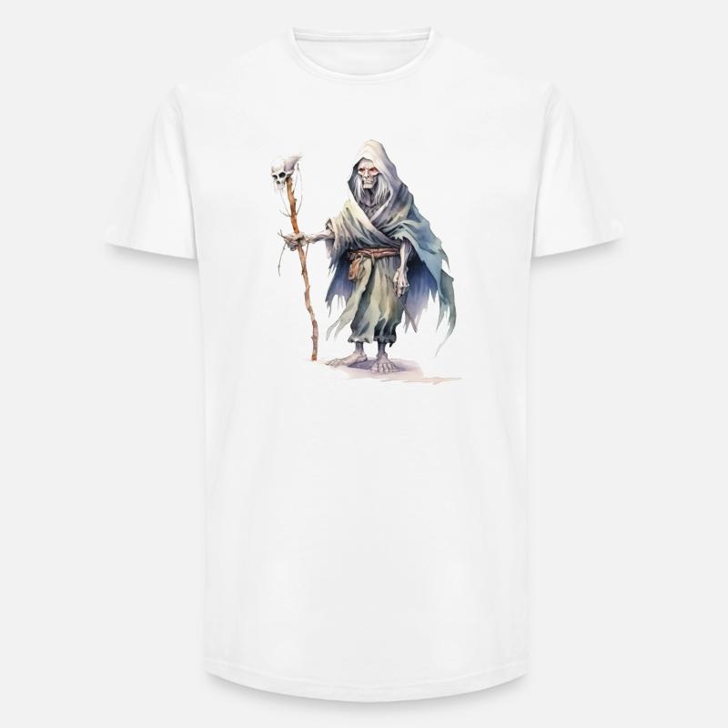 Negromante con mantello e bastone a teschio - T-shirt uomo a vestibilità lunga - bianco