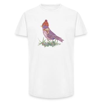 Oiseau avec bonnet pompon et écharpe dans l’ambiance hivernale - T-shirt coupe longue homme - blanc - Devant - AI Model Male 185 light (185cm)
