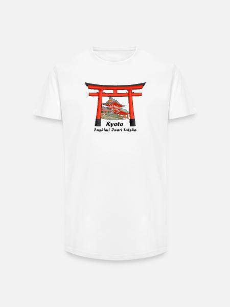 Kioto, Japonia, Fushimi Inari Taisha Rysunek odręczny - T-shirt męski o długim kroju - biały
