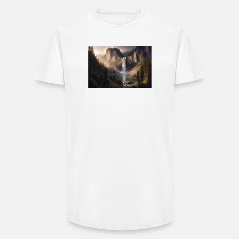 Poster Ölgemälde Berglandschaft mit Wasserfall - Long Fit Männer T-Shirt - Weiß
