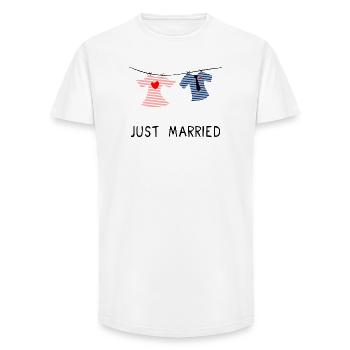 JUST MARRIED. EVJF. SAINT VALENTIN. COUPLE - T-shirt coupe longue homme - blanc - Devant - AI Model Male 185 light (185cm)
