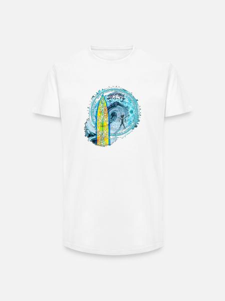 Surf Waves Abstrakti taide Printti - Miesten long fit T-paita puuvillasta - valkoinen