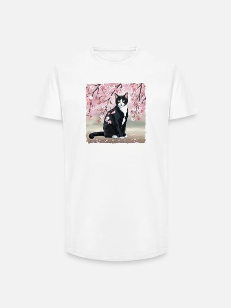 Kirsebærblomst kat: Lyserøde Sakura-blomster, sort kat - Long fit herre T-shirt - hvid