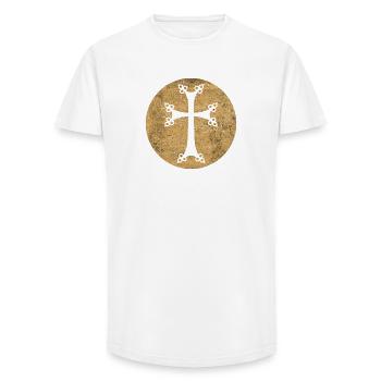 Croix arménienne stylisée dans cercle doré - T-shirt coupe longue homme - blanc - Devant - AI Model Male 185 light (185cm)