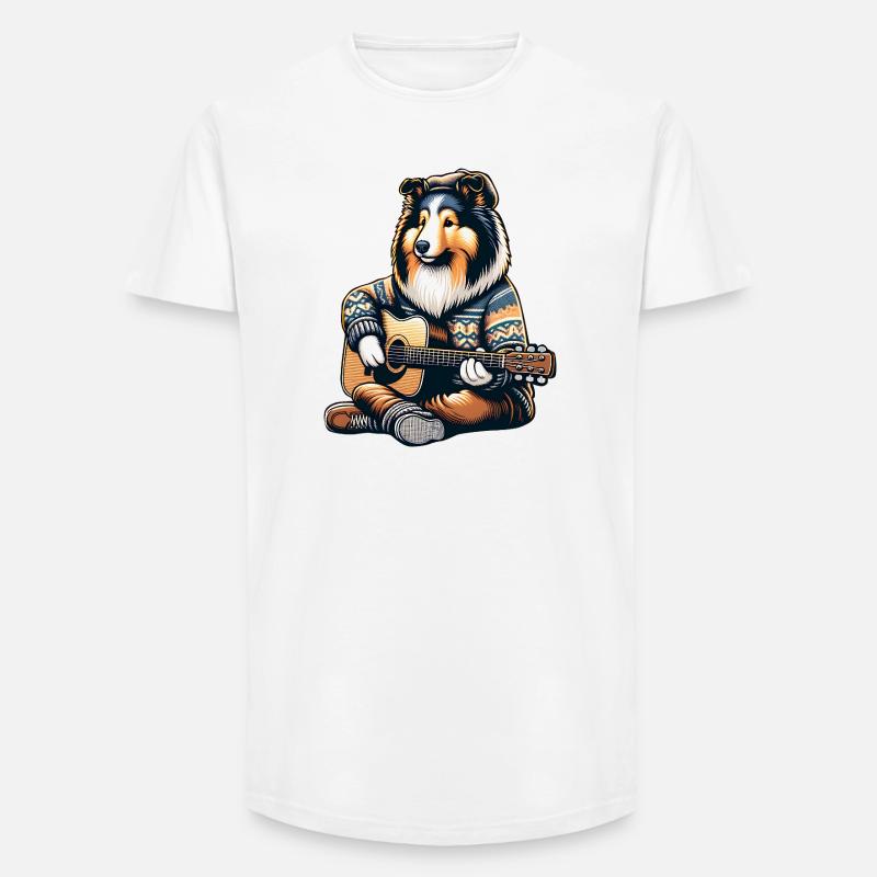 Collie Mit Akustikgitarre Im Strickpullover - Long Fit Männer T-Shirt - Weiß
