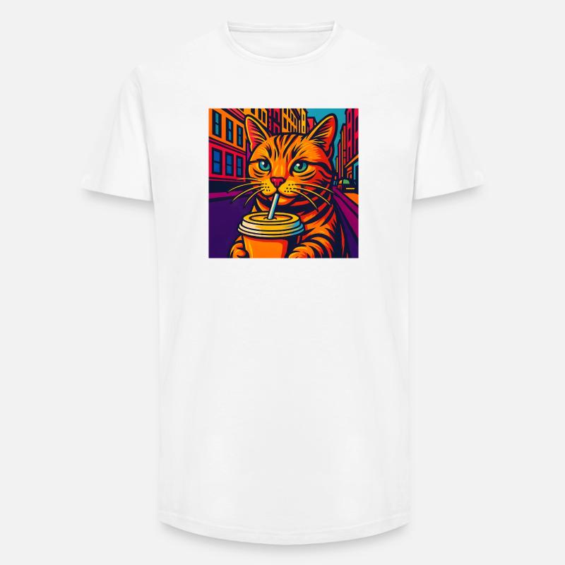 Lebhafte Stadtkatze mit Getränk, liebe Katzen - Long Fit Männer T-Shirt - Weiß