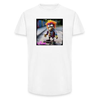 Poupée oiseau colorée de street art sur skateboard urbain - T-shirt coupe longue homme - blanc - Devant - AI Model Male 185 light (185cm)