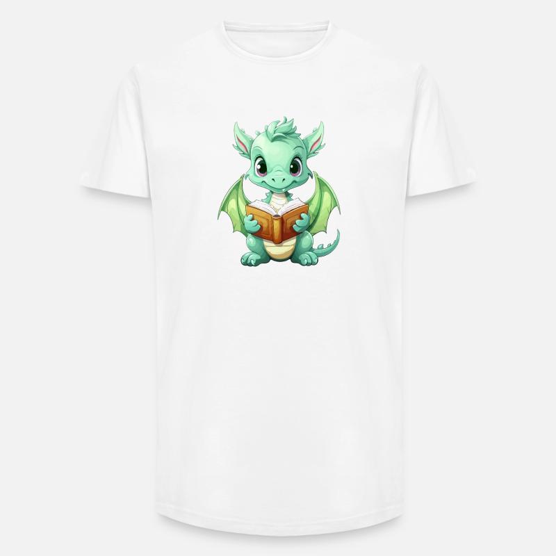 Kritzelnder Drache mit Buch - Long Fit Männer T-Shirt - Weiß