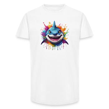 Bunter Hai mit Farbspritzern - Long Fit Männer T-Shirt - Weiß - Vorne - AI Model Male 185 light (185cm)