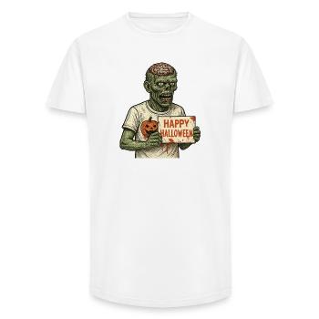Scary zombie with Happy Halloween sign - Long Fit Men's T-Shirt - white - Front - AI Model Male 185 light (185cm)
