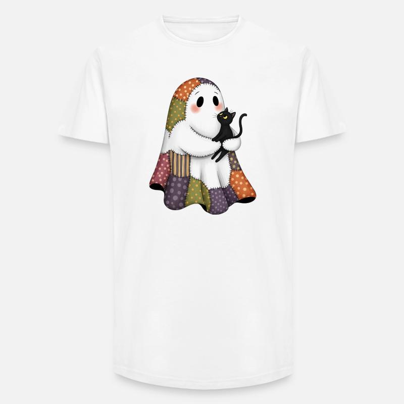 Patchwork fantôme avec chat noir - T-shirt coupe longue homme - blanc