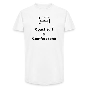 Couchsurf > Comfort Zone – Travel Shirt - Long Fit Männer T-Shirt - Weiß - Vorne - AI Model Male 185 light (185cm)