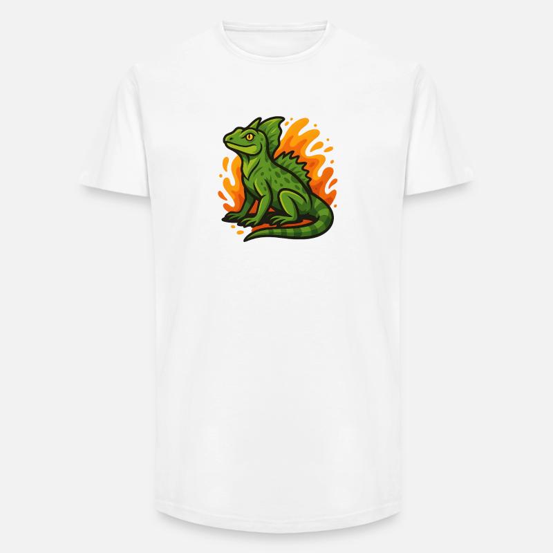 Grüne Basilisken-Eidechse mit flammendem Hintergrund - Long Fit Männer T-Shirt - Weiß