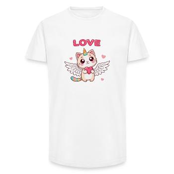 Chat Licorne ailé et cœur enchanté - T-shirt coupe longue homme - blanc - Devant - AI Model Male 185 light (185cm)