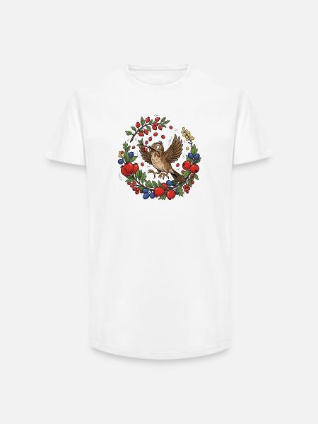 Cheerful bird in a berry wreath - Long Fit Men's T-Shirt - white