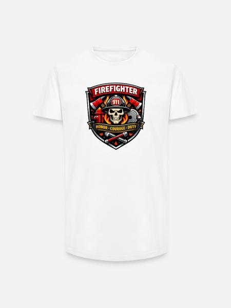 Firefighter Badge Skull Flames - Long Fit Men's T-Shirt - white
