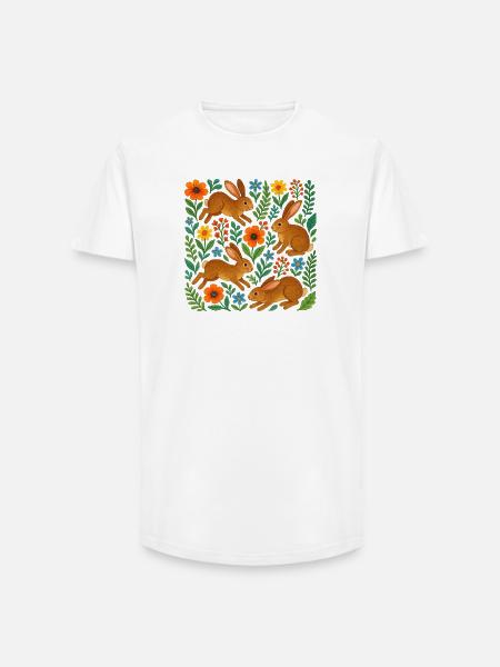 Lapins en fleurs à l’aquarelle - T-shirt coupe longue homme - blanc